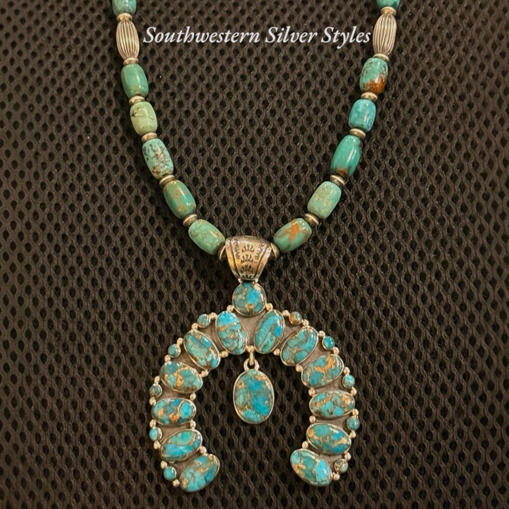 Southwestern Sterling Silver Navajo Pearls Squash Blossom Naja Pendant Necklace